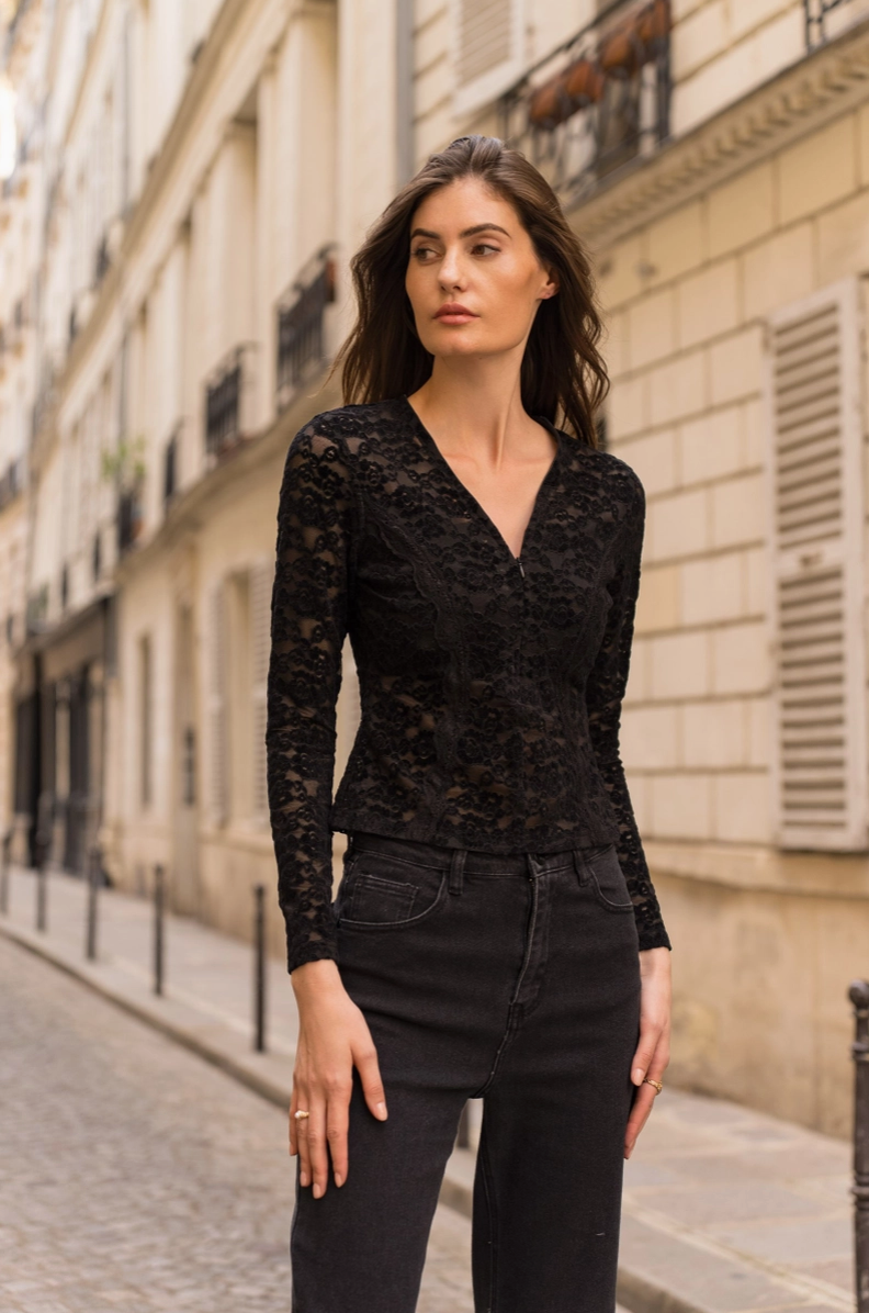 V Neck Lace Top in Black