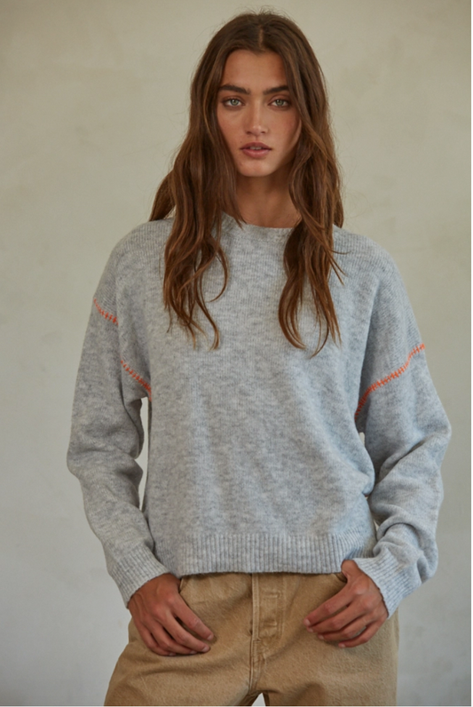 Grey Crewneck Sweater with Orange Stitch