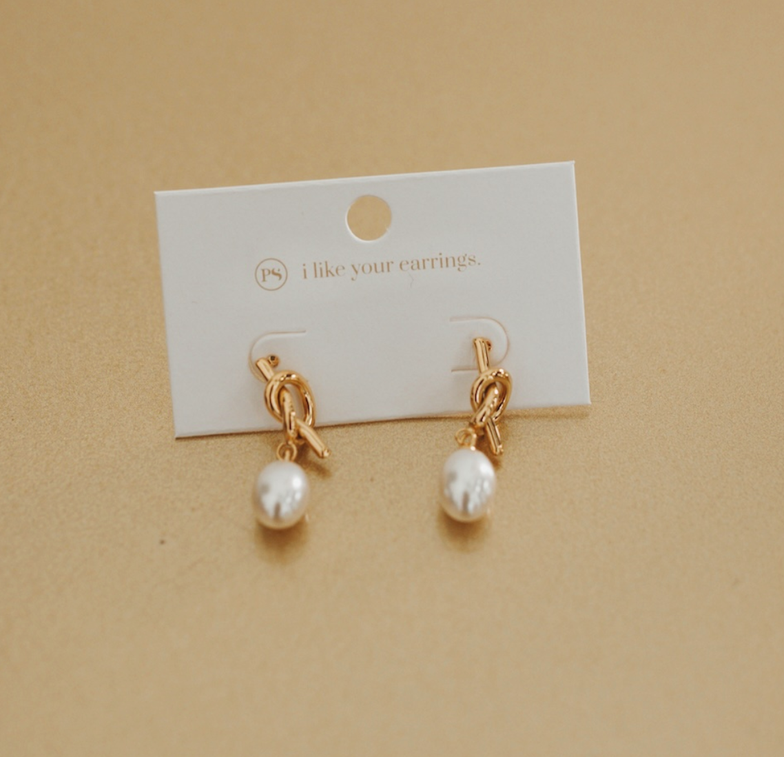 Gold Knot Pearl Earrings