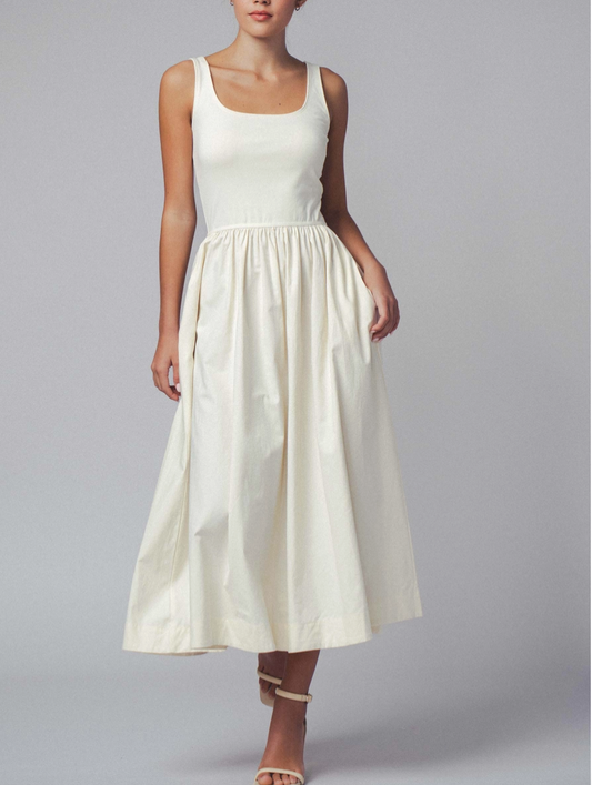 Square Neck Cotton Blend Midi Dress in Ivory