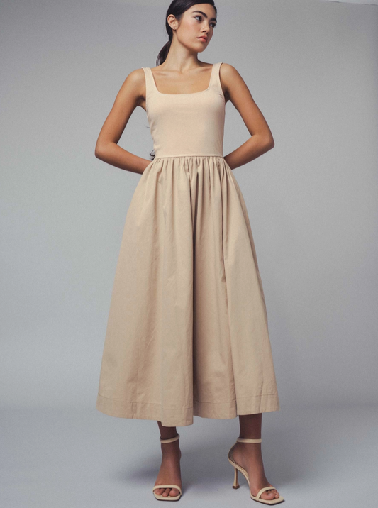 Square Neck Cotton Blend Midi Dress in Taupe