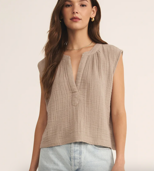 Cliffside V Neck Airy Top in Iced Coffee