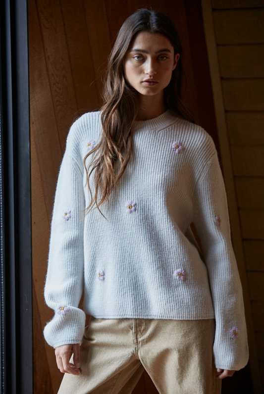 Ribbed Sweater with Floral embroidery