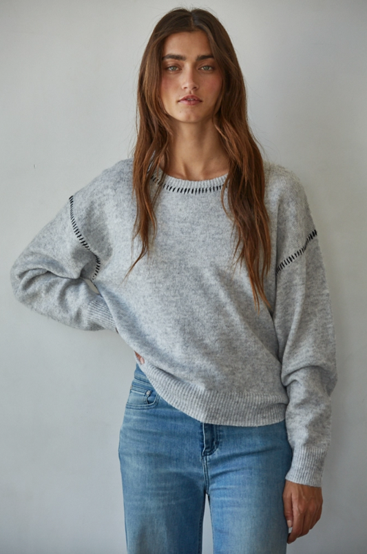 Crew Neck Sweater with Contrast Stitch in Grey