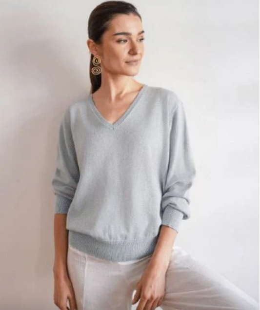 V Neck Cotton Cashmere Mix Sweater Sky Lurex