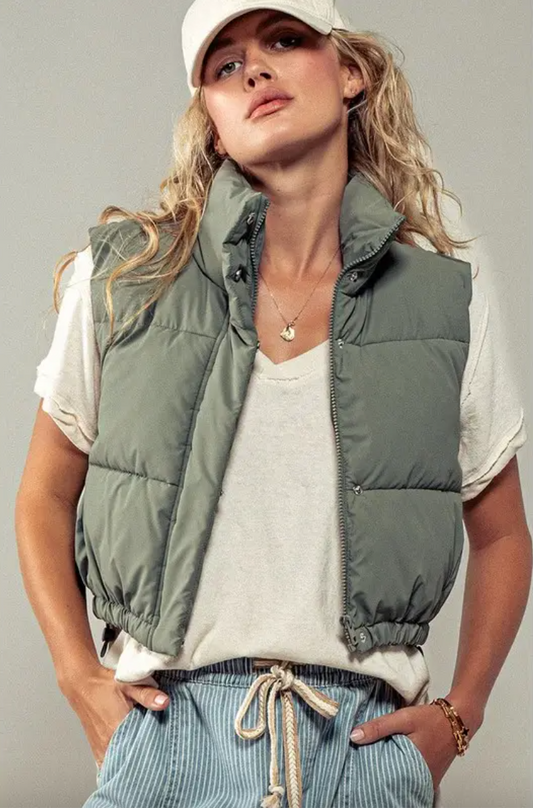 Essential Puffer Down vest with Adjustable Hem in Olive