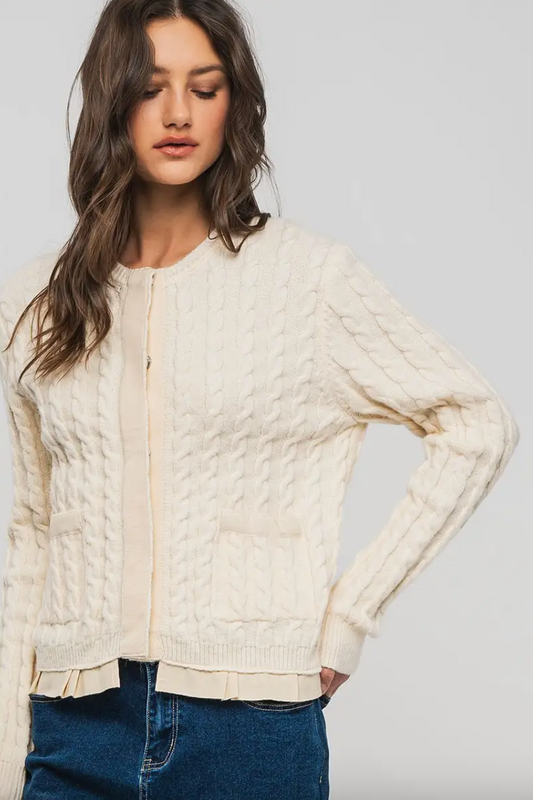 Cable Knit Snap Front Ribbon Trim Sweater