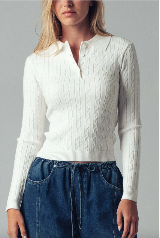 Cable Knit Polo Sweater Top in Ivory
