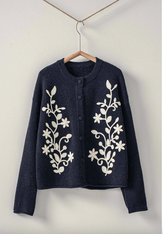 Embroidered Floral Button Cardigan in Black