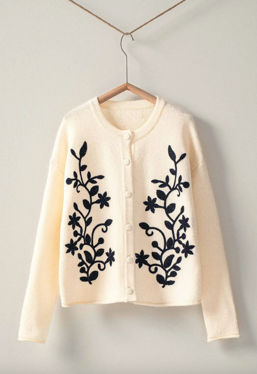 Embroidered Floral Cardigan in Ivory