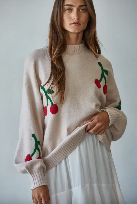 Knit Sweater with Cherry Print