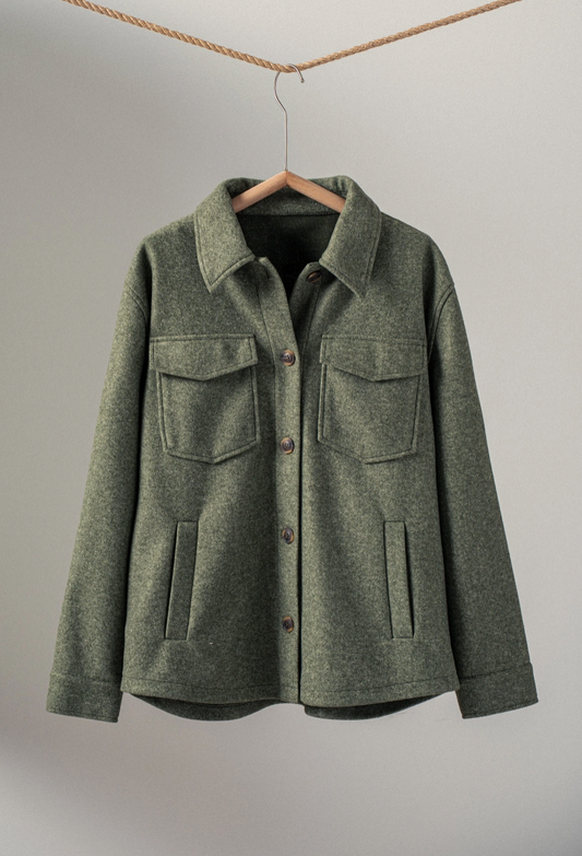 Color Block Wool Blend Shacket in Olive