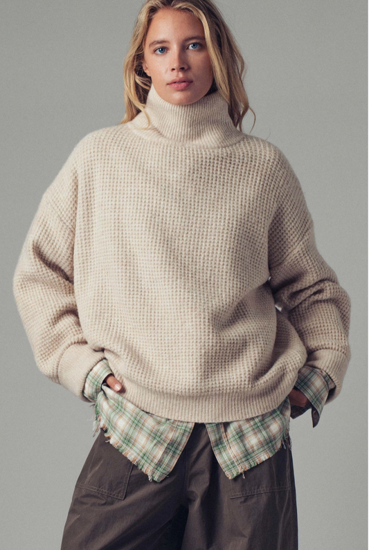 Oversized Waffle Knit High Neck Sweater