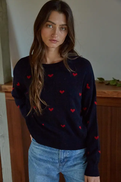 Crew Neck Sweater in Navy with Hearts