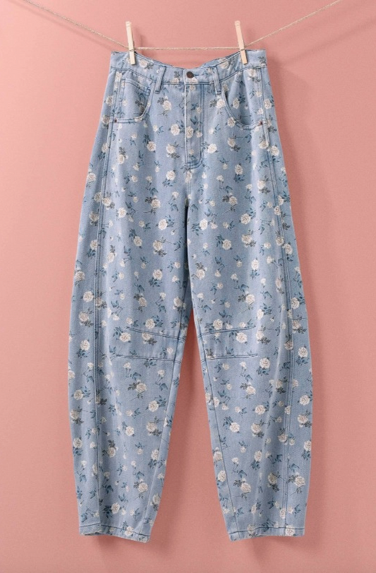Floral Print Denim Pants