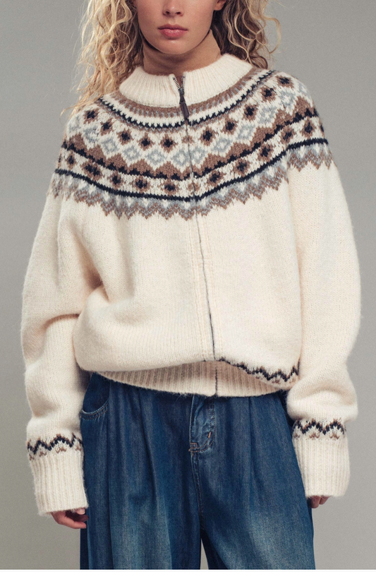 Nordic Zip Up Wool Blend Cardigan