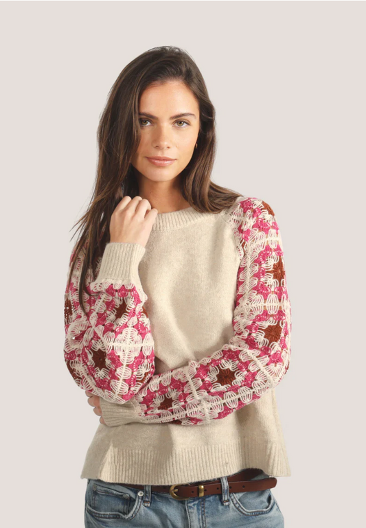 Amelia Crochet Sleeve Sweater in Oatmeal