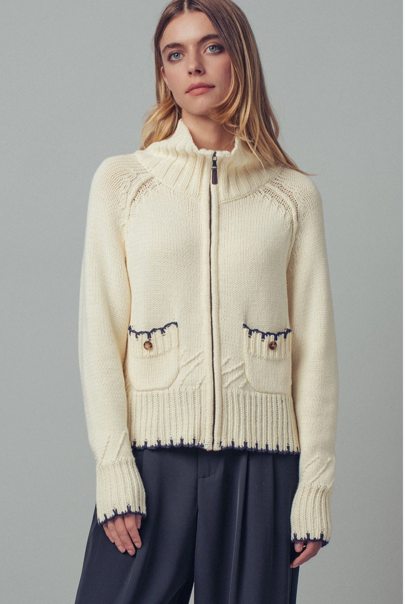 Contrast Trim Zip Sweater in Cream