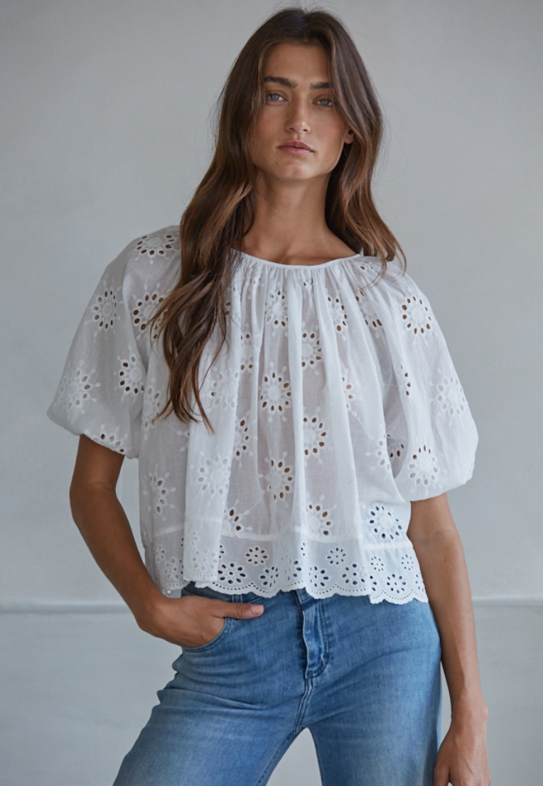 Woven Eyelet Round Neck Top