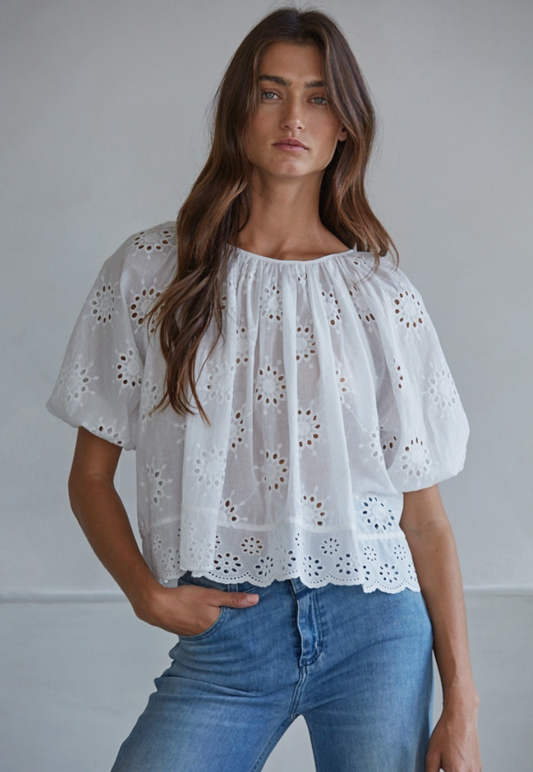 Woven Eyelet Round Neck Top