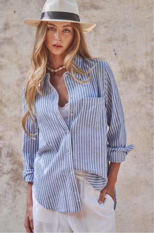 Coastal Striped Linen Button Down
