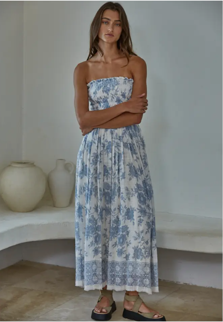 Woven Cotton Rayon Floral Strapless Dress