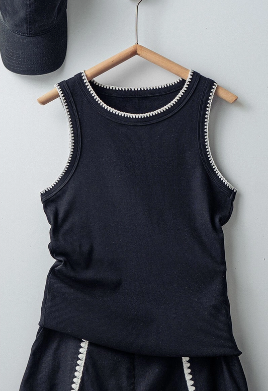 Contrast Trim Ribbed Tank in Black