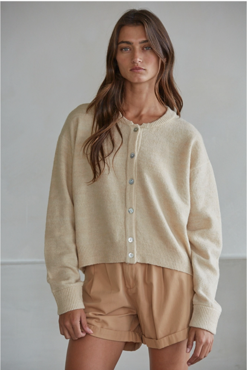 Crew Neck Cardigan Sweater in Natural