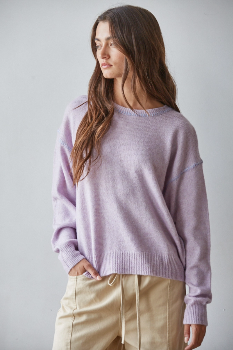 Contrast Stitch Crew Neck Sweater in Lavender