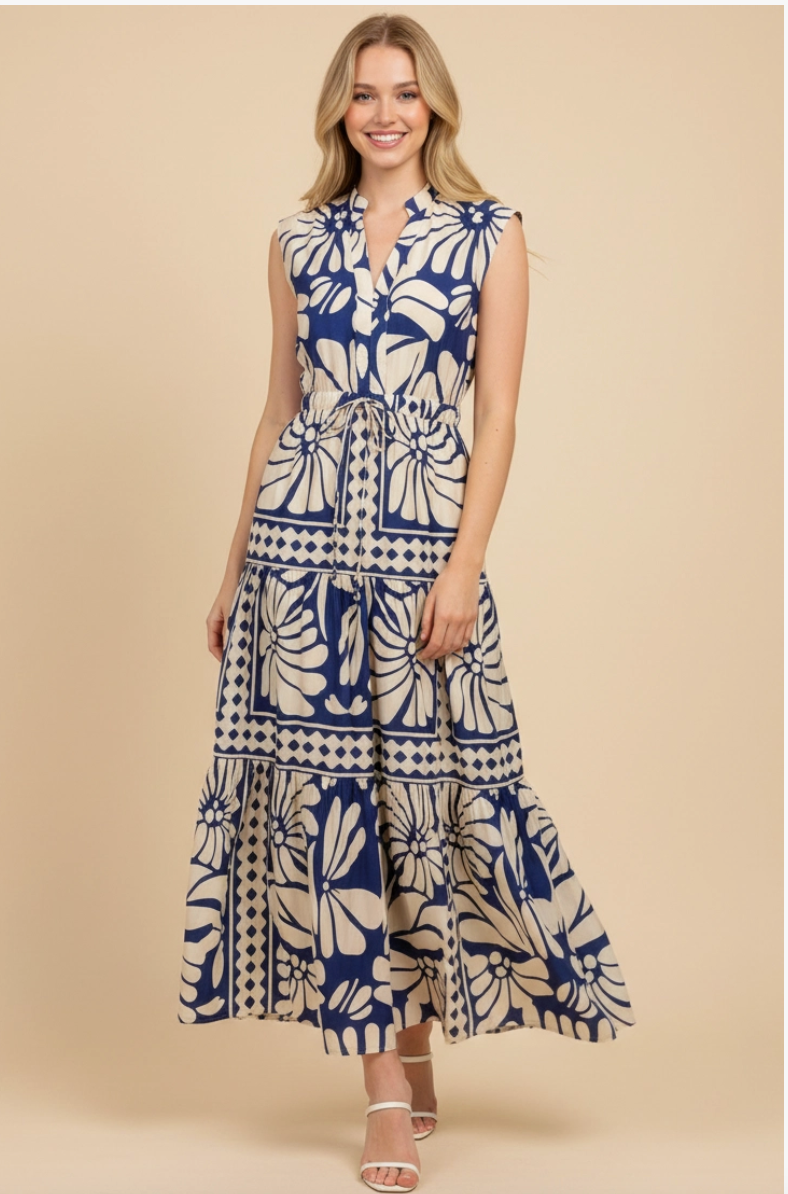 Floral Maxi Dress in Blue and White