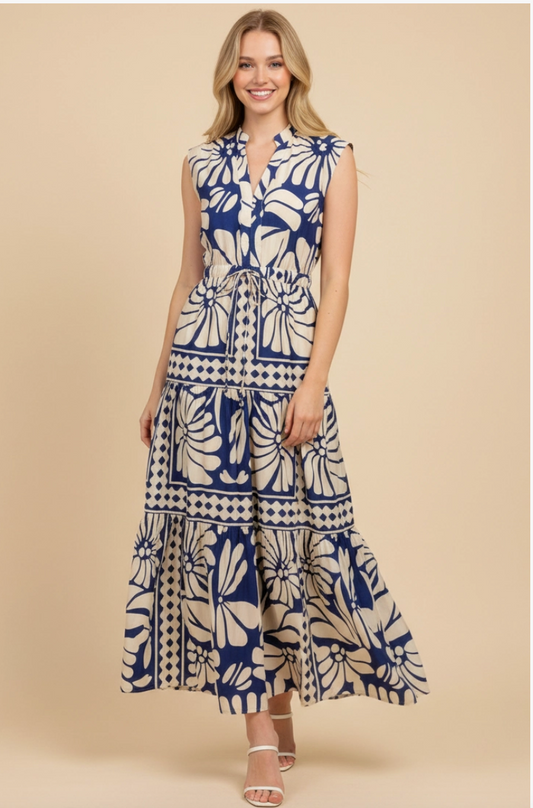 Floral Maxi Dress in Blue and White