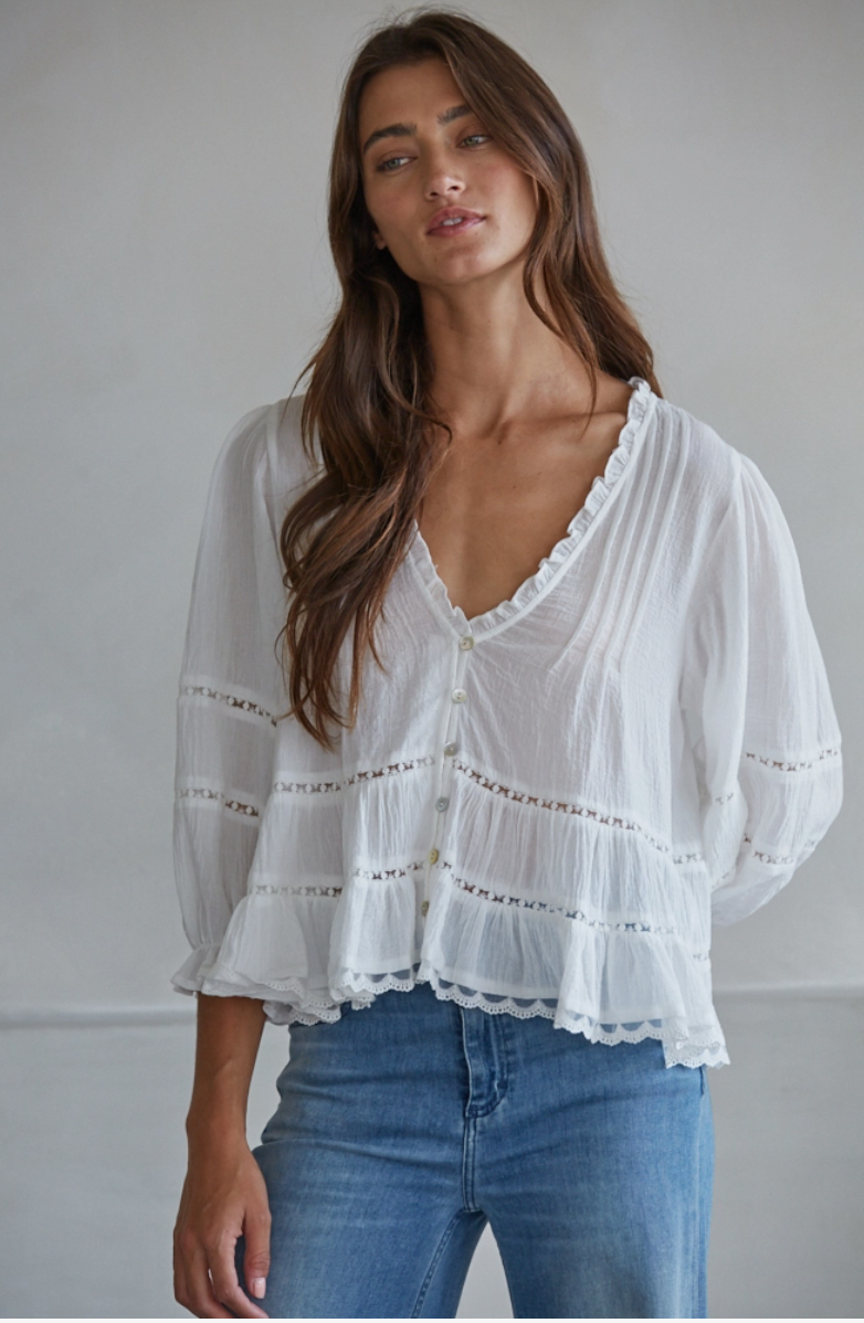 Cotton V Neck Top in White