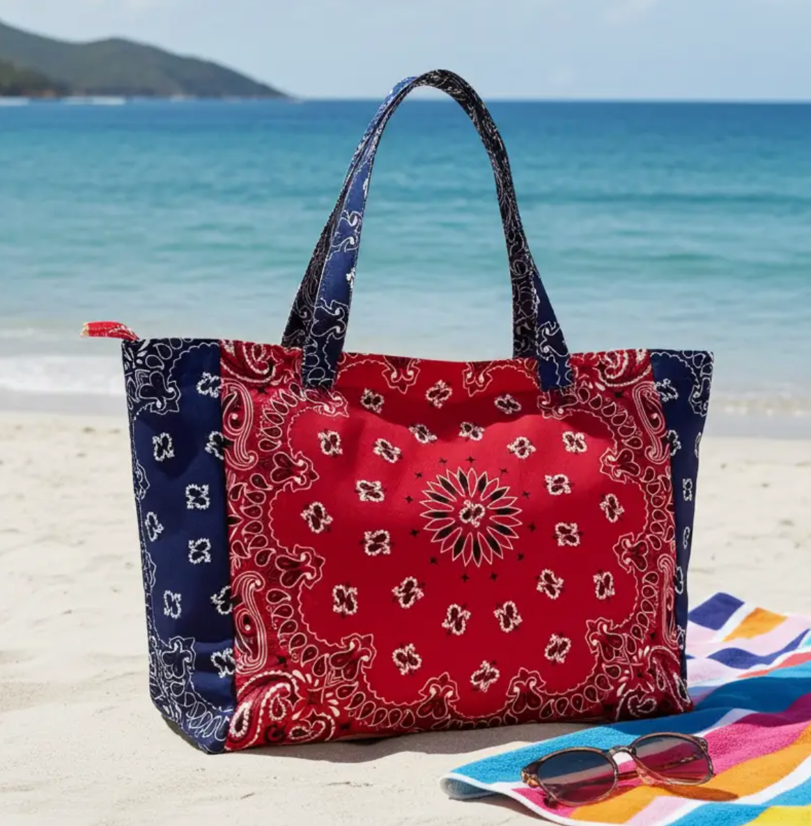 Bailey Bandana Print Tote in Navy/Red