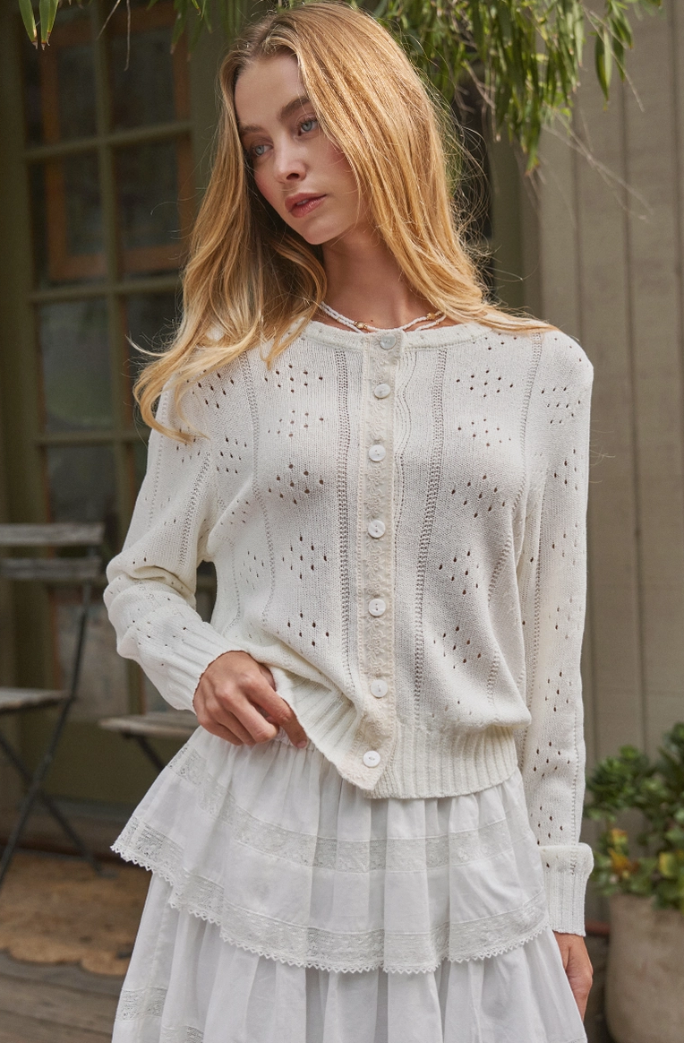 Pointelle Knit Lace Trim Cardigan in Ivory