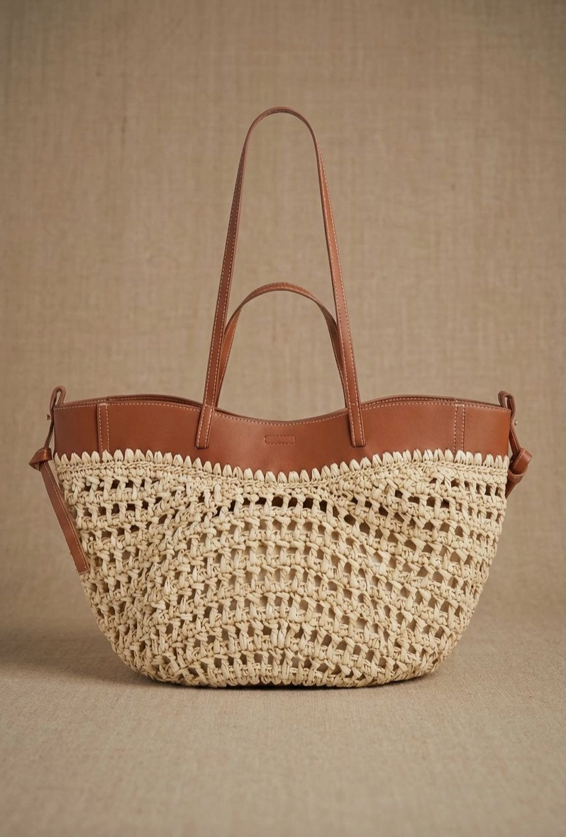 Woven Raffia & Leather Trim Double Strap Tote