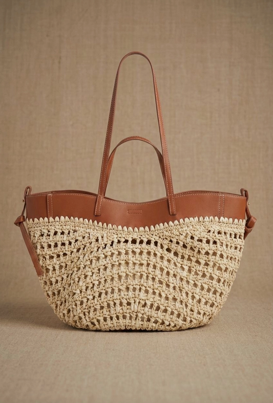 Woven Raffia & Leather Trim Double Strap Tote