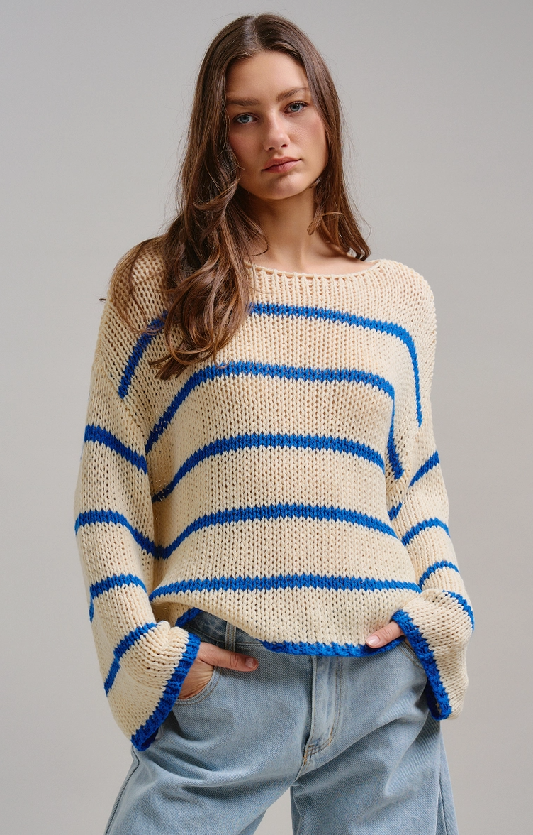 Open Knit Slouchy Sweater in Cream/Blue Stripe