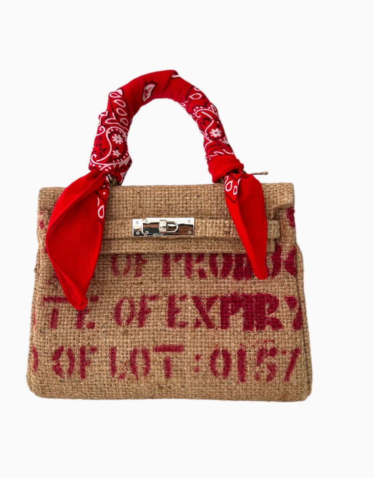 Woven Paris Kamille Coffee Print Jute Mini Tote