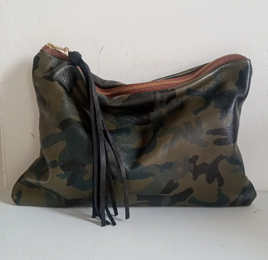 Large Camo Leather Clutch with Long Knotted Tassel