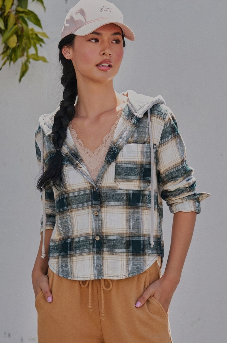 Hooded Plaid Flannel Jacket in Green or Burgundy