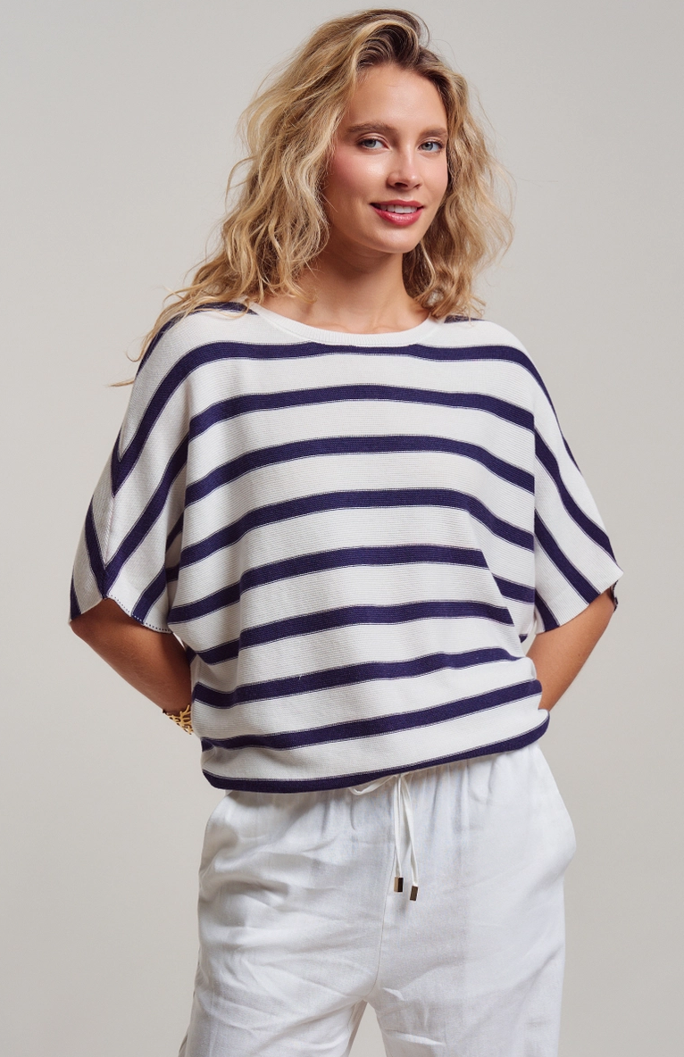 Relaxed Dolman Sleeve Sweater in Navy/White Stripe