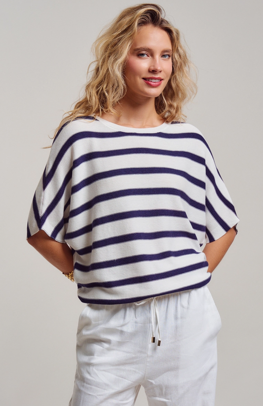 Relaxed Dolman Sleeve Sweater in Navy/White Stripe