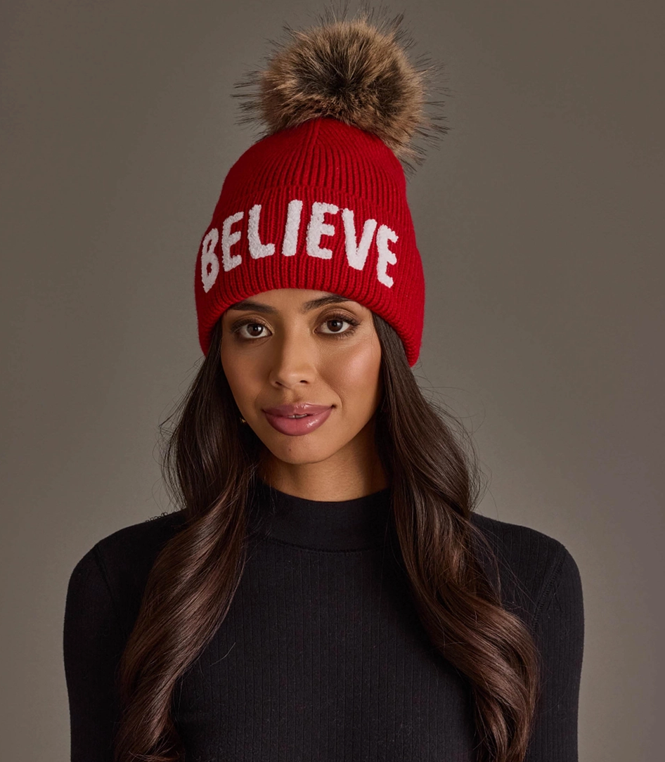 Believe Knit Pom Hat in Red or Green