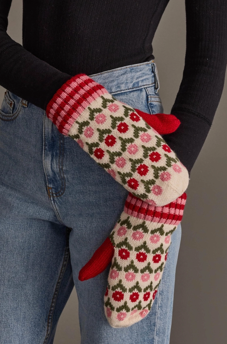 Cream, Red, Pink Floral Mittens