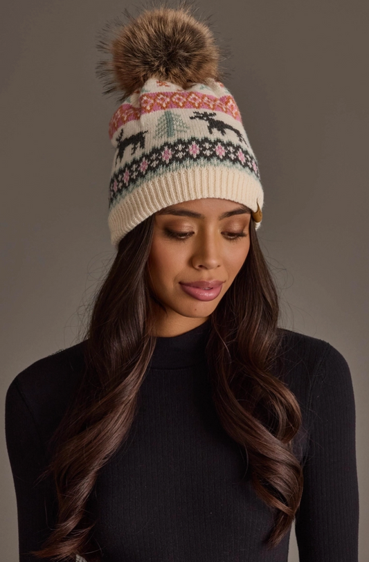 Ivory Deer Winter Pattern Pom Hat