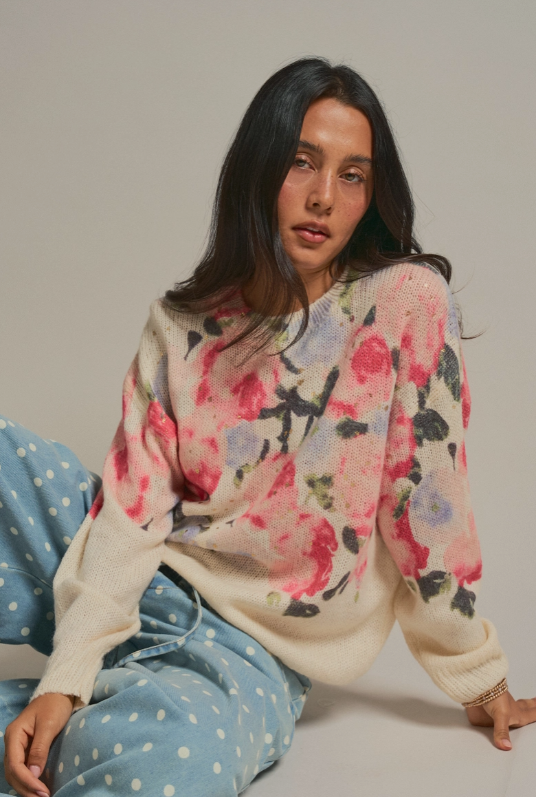 Oversized Floral Print Soft Knit Sweater