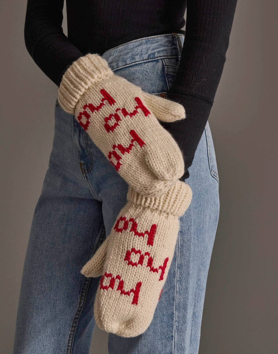 Beige and Red Ho Ho Ho Mittens