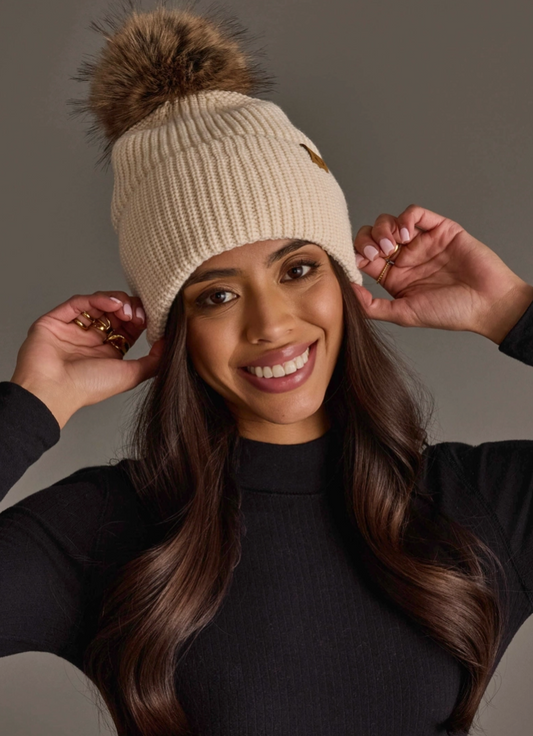 Beige Knit Pom Hat