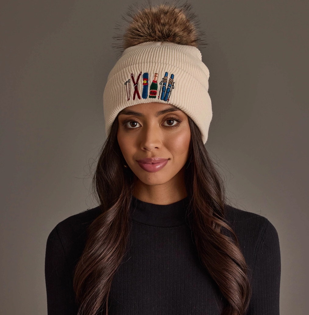 Beige Ski Embroidered Pom Hat
