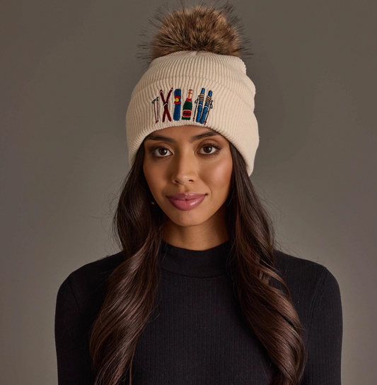 Beige Ski Embroidered Pom Hat